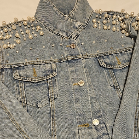 Jackets & Blazers - Pearl-Embellished Light Blue Denim Jacket - Women's Jean Jacket